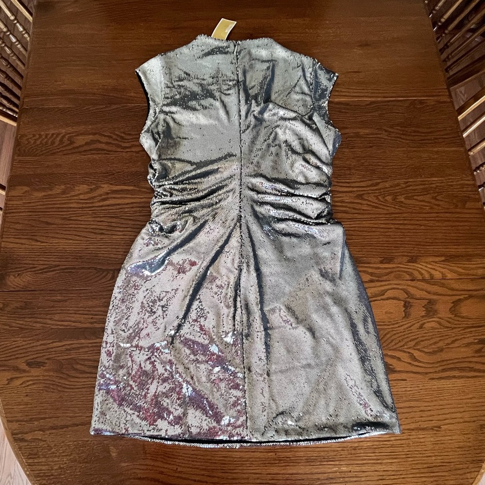 NWT Michael Kors Sequined Funnel Neck Mini Dress Silver Sequin & Black XL - Picture 2 of 16